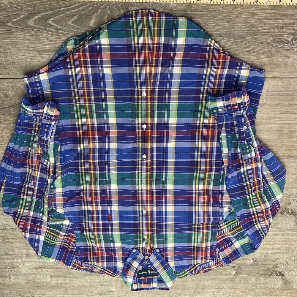 Ralph Lauren Shirt Mens Large Blue Plaid Long Sleeve Button Front Classic‎ Fit
